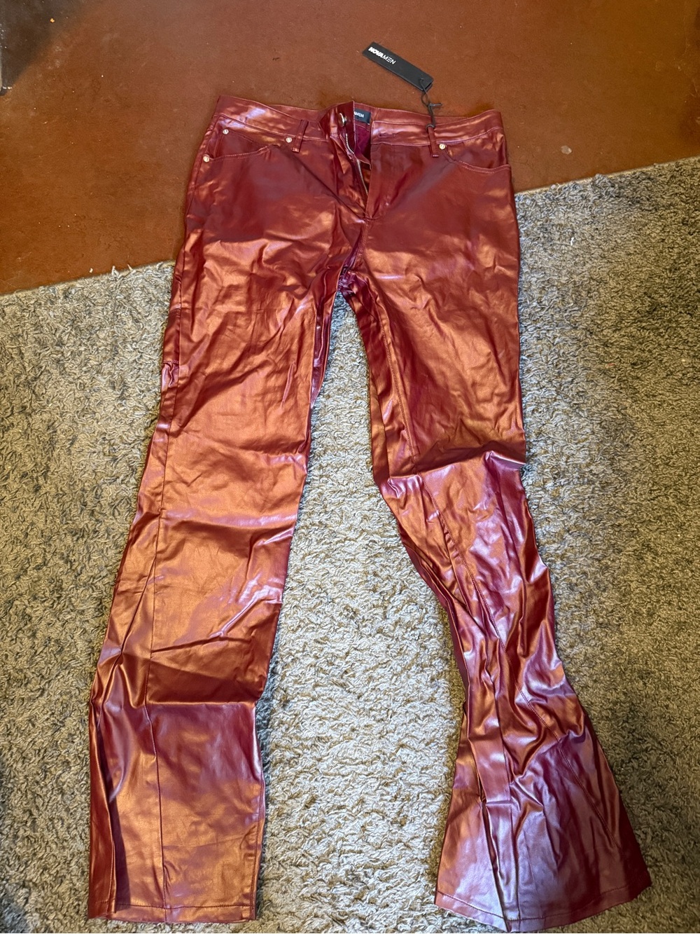 NOVA Men Metallic Red Faux-leather Flare Pants